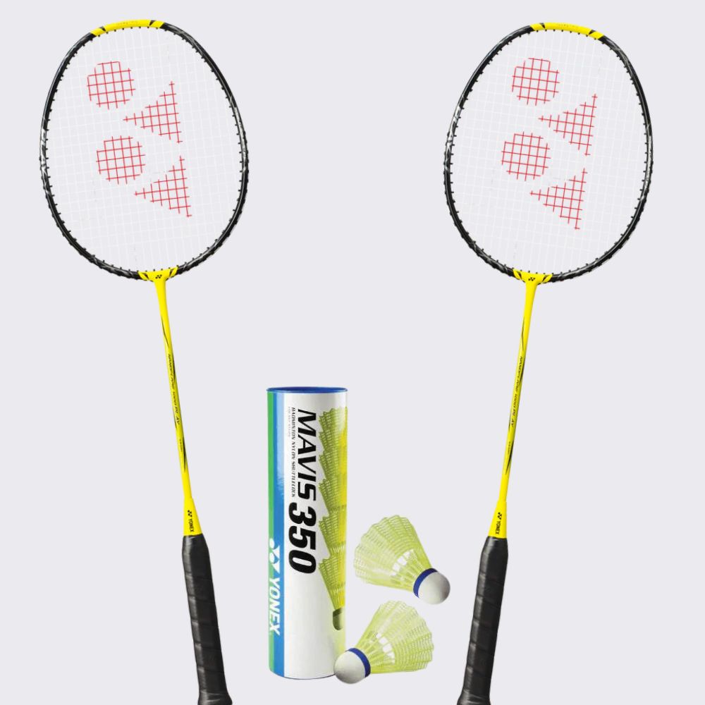 Yonex Badminton Combo Set (2 Nanoflare 1000 Play Rackets + 1 Mavis 350 Shuttlecock)