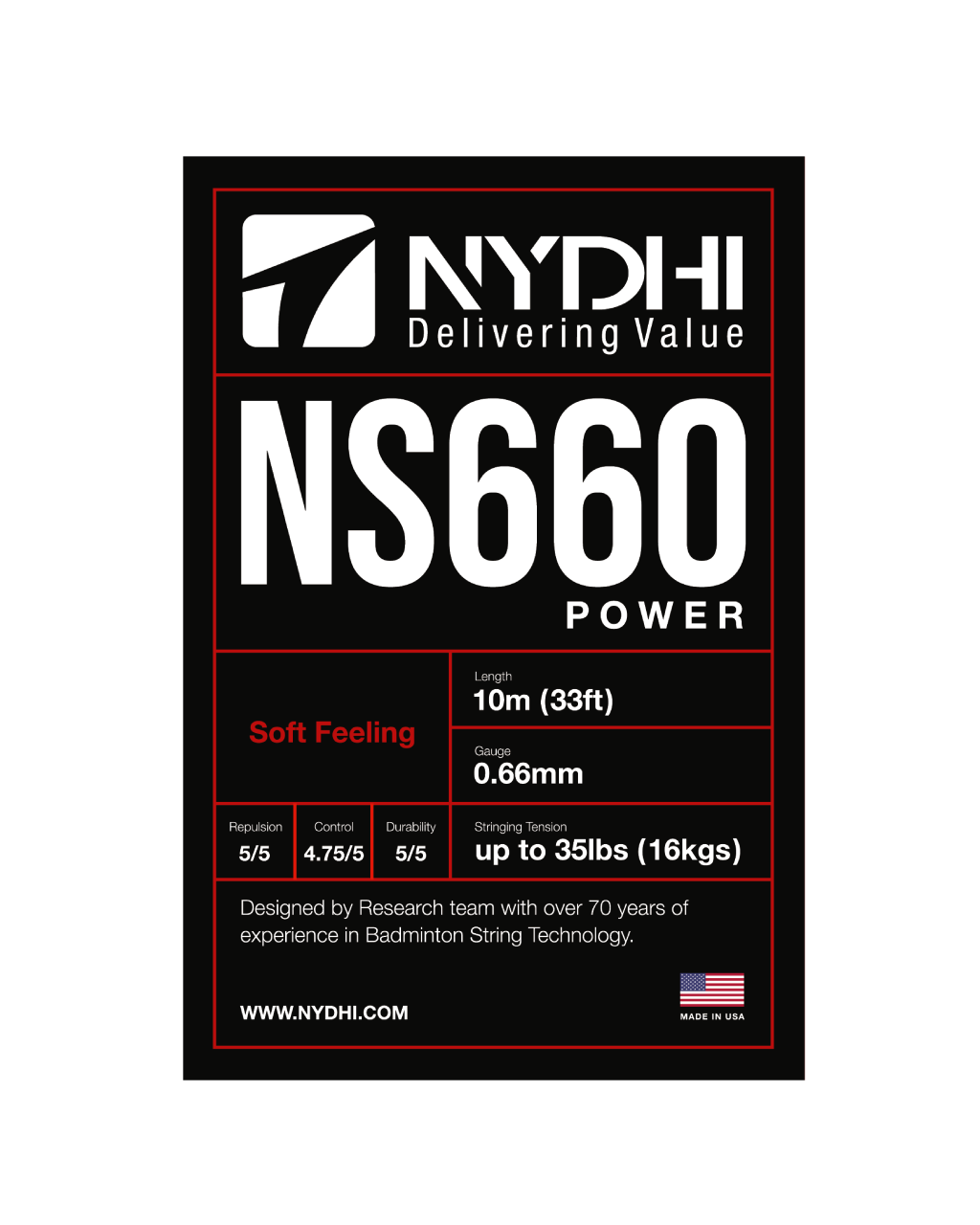 Nydhi NS660 0.66mm Ultimate Power Badminton String 10m, White